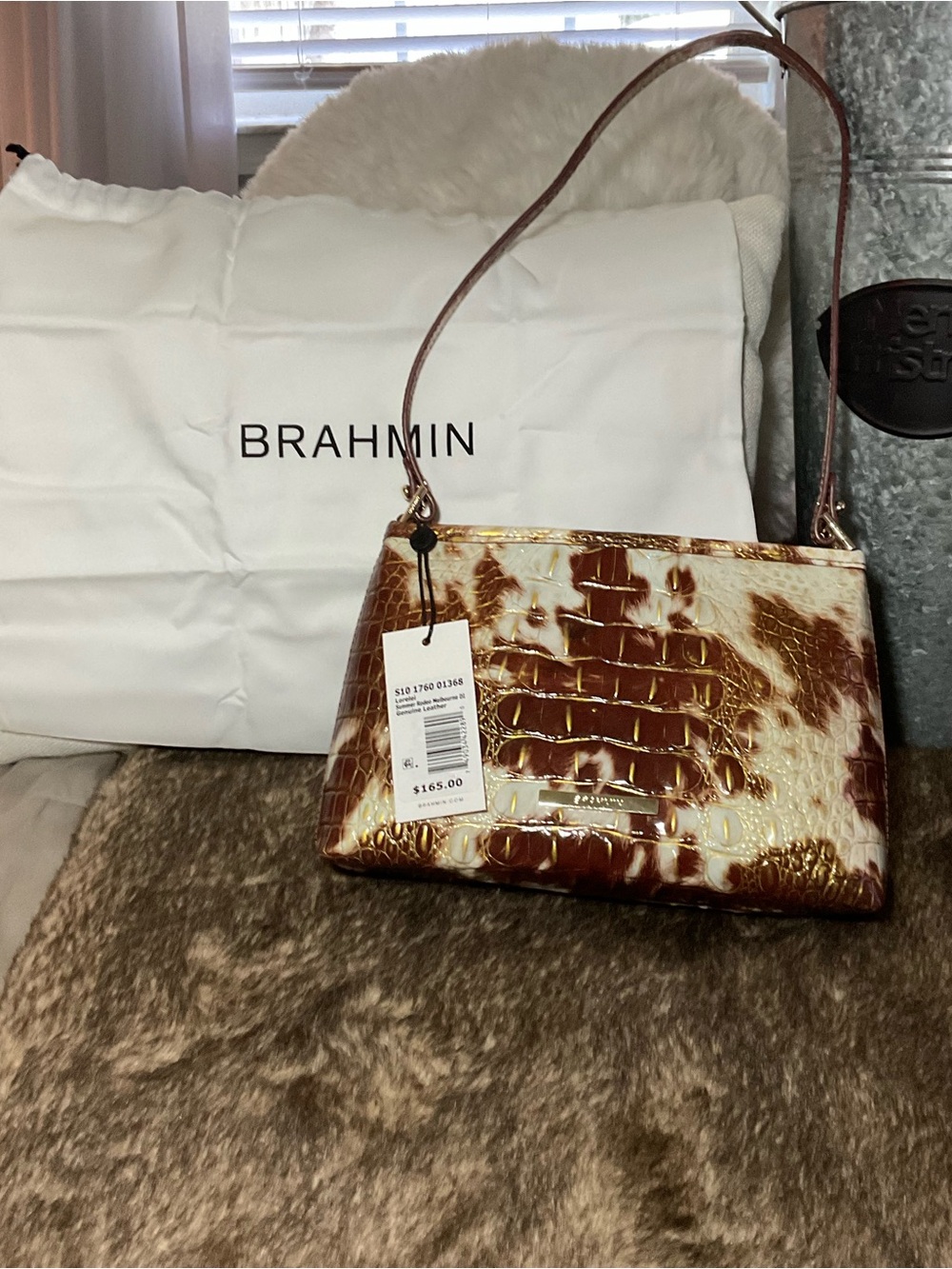 Brahmin Brown and Cream Croc-Embossed Shoulder Bag